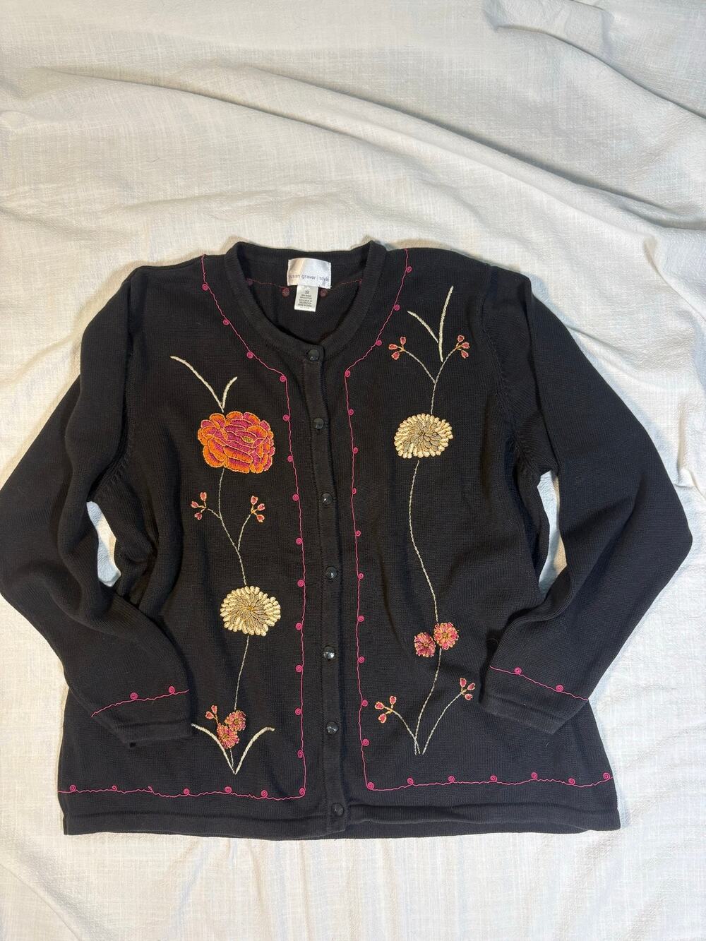 Susan Graver Style 3X Black Ramie Cotton Embroidered Floral Cardigan